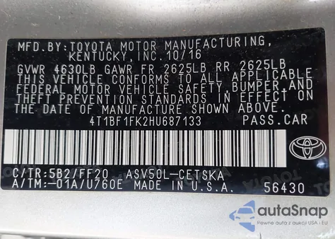 2017 Toyota Camry Se из США, поврежденный, VIN 4T1BF1FK2HU687133